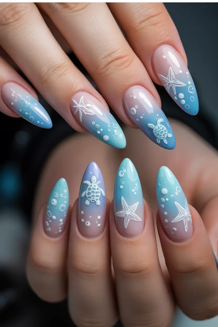 Pretty Nails You’ll Love in 2025 Aqua Ombré with Sea Creatures