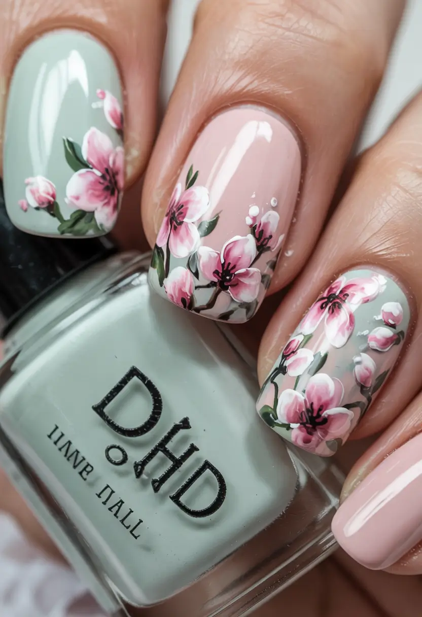 Pretty Nails You’ll Love in 2025 Hand-Painted Blossoms in Dusty Garden Tones