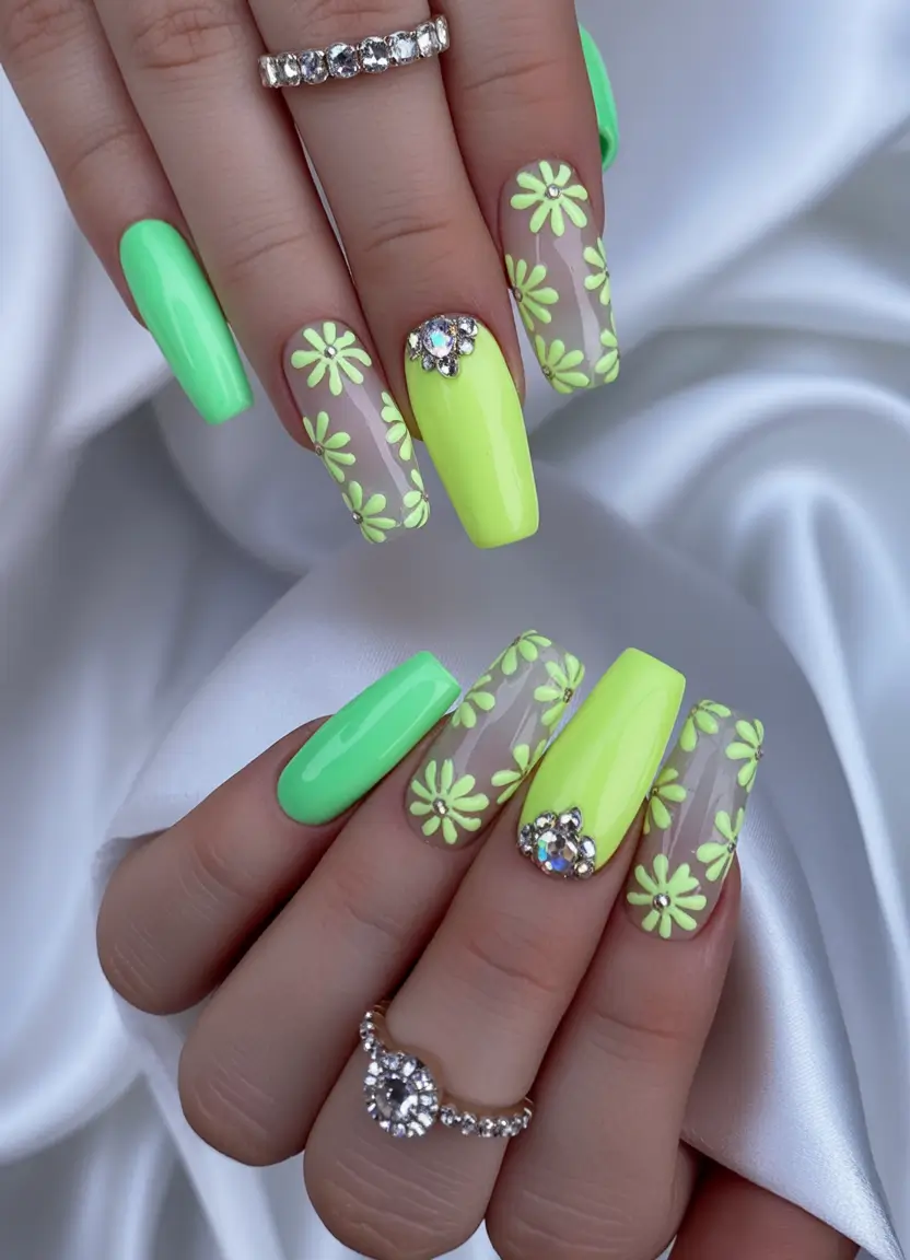 Pretty Nails You’ll Love in 2025 Neon Daisy Party With Rhinestone Energy