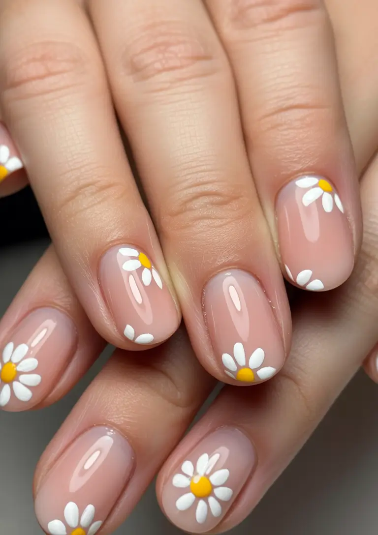 Pretty Nails You’ll Love in 2025 Mini Daisies with Glossy Nude