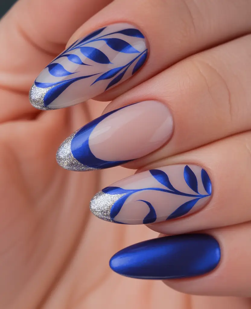 Pretty Nails You’ll Love in 2025 Midnight Blue & Silver Leaf Drama