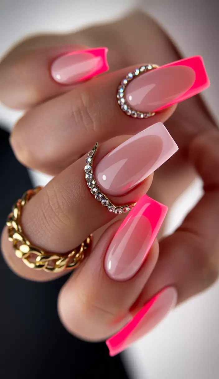 Pretty Nails You’ll Love in 2025 Neon Pink French Tips with Bling