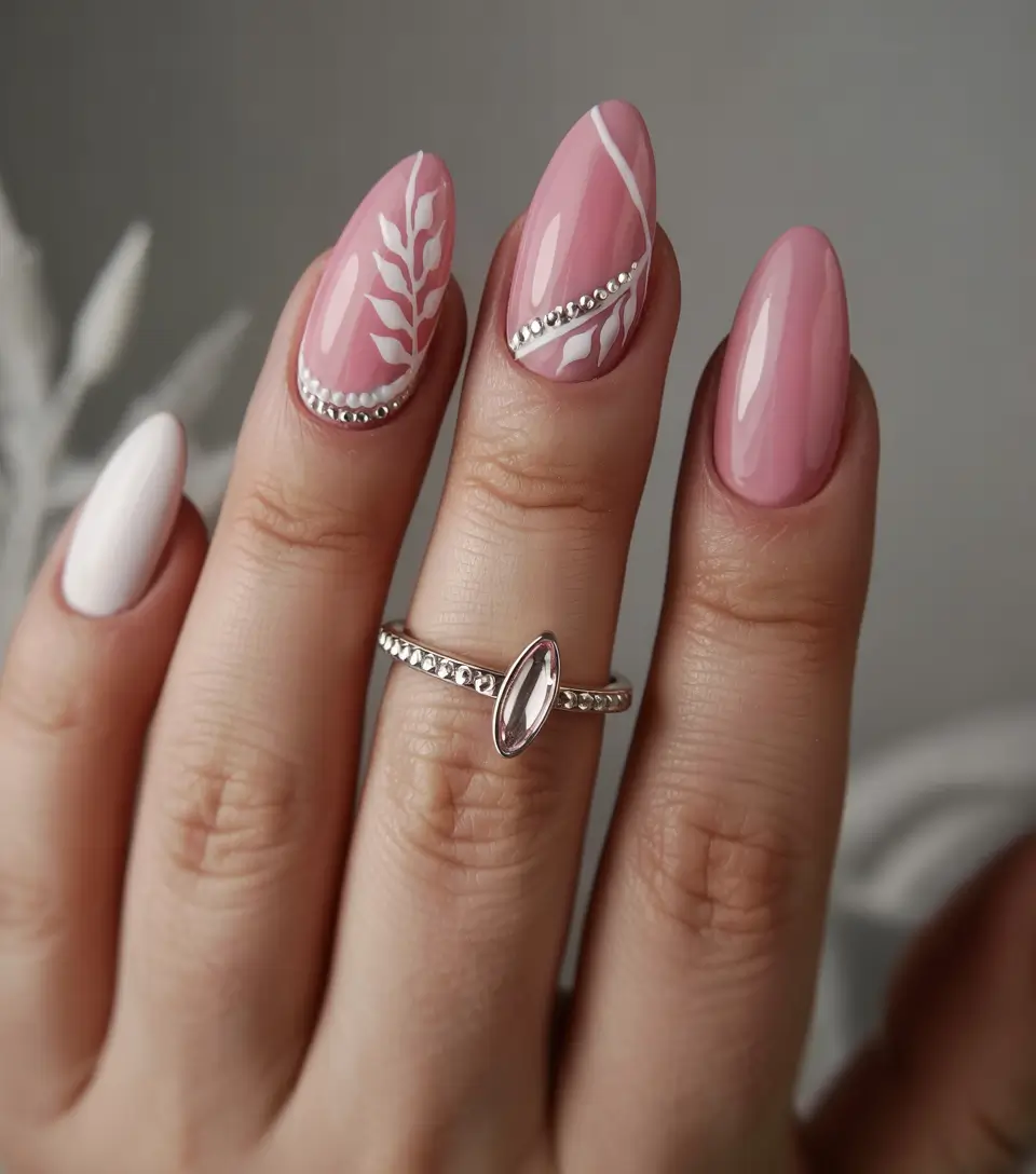 Pretty Nails You’ll Love in 2025 Pink Botanicals with Crystal Accents