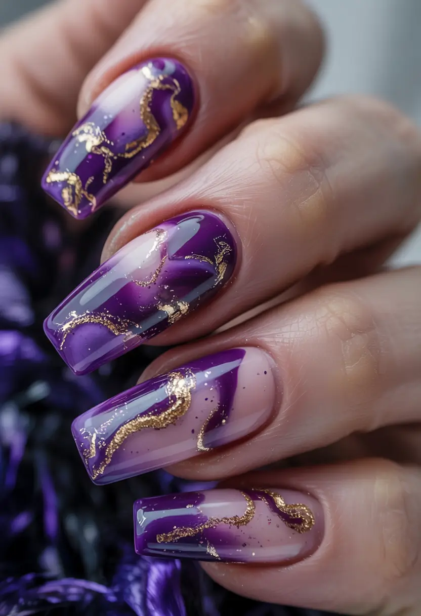 Purple Summer Nails You’ll Love in 2025 Marbled Royalty with Gold Veins