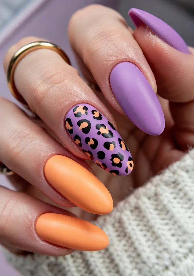 Purple Summer Nails You’ll Love in 2025 Matte Lilac with Orange Pop & Leopard Twist
