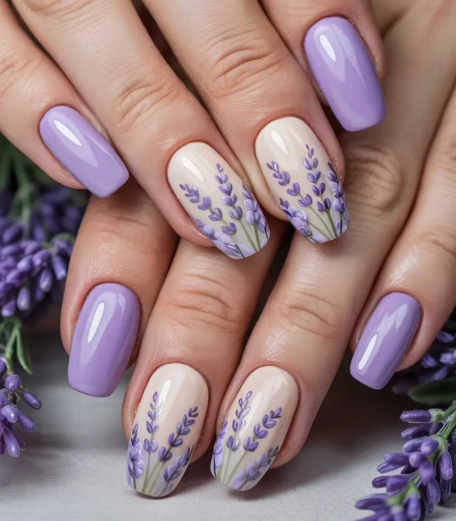 Purple Summer Nails You’ll Love in 2025 Lavender Sprigs on Nude Canvas