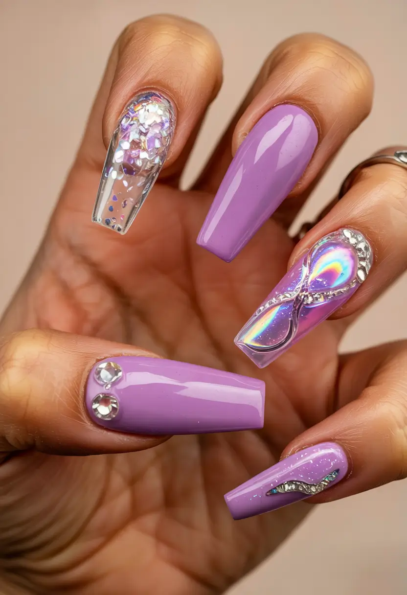 Purple Summer Nails You’ll Love in 2025 Chrome Holo Mix with Rhinestone Accents