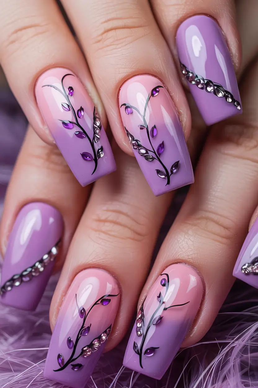 Purple Summer Nails You’ll Love in 2025 Ombre Bloom with Vine Jewels