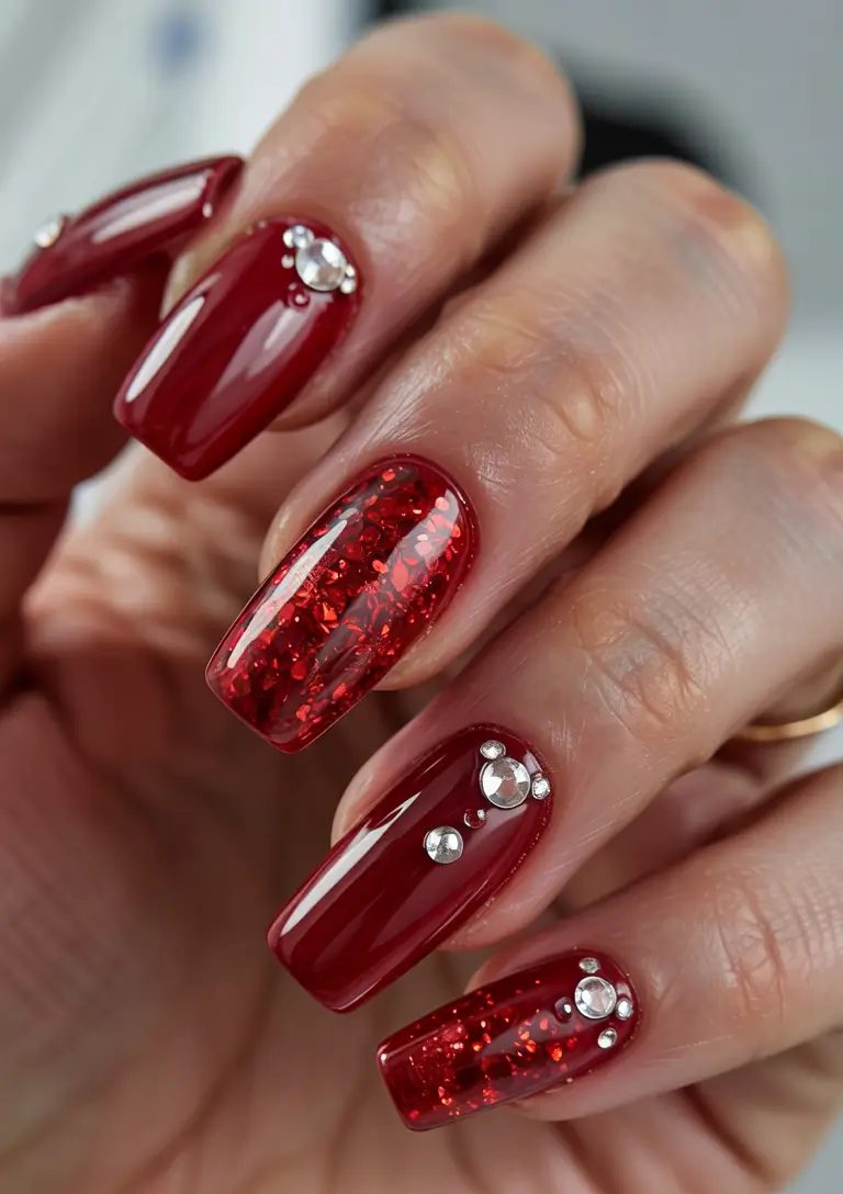 Red Nails That Pop Summer 20255+Ruby Glitz With Gem Accents