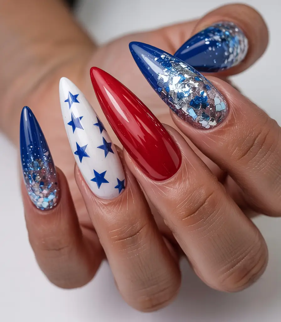 Red, White & Blue Nails for 4th of july 2025 - Star-Spangled Stiletto Drama