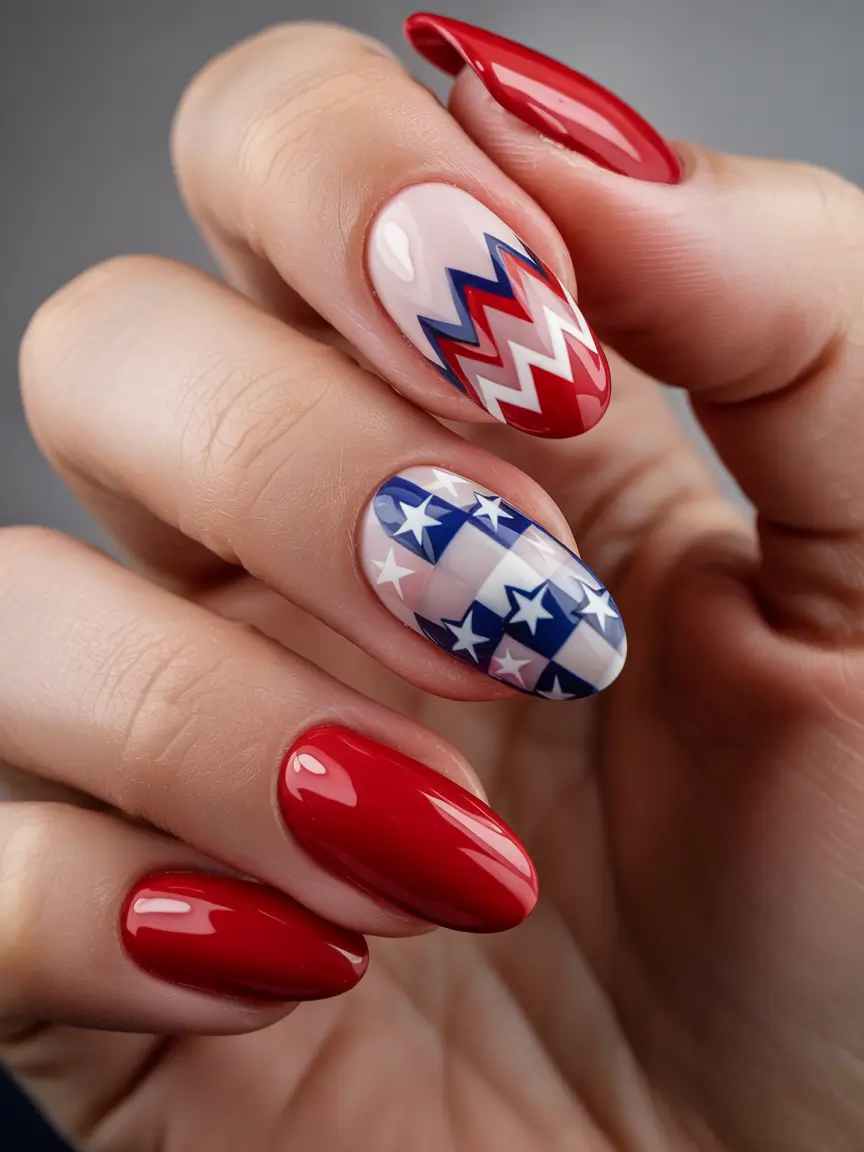 Red, White & Blue Nails for 4th of july 2025 - Quilted Retro Pop & Checkered Stars