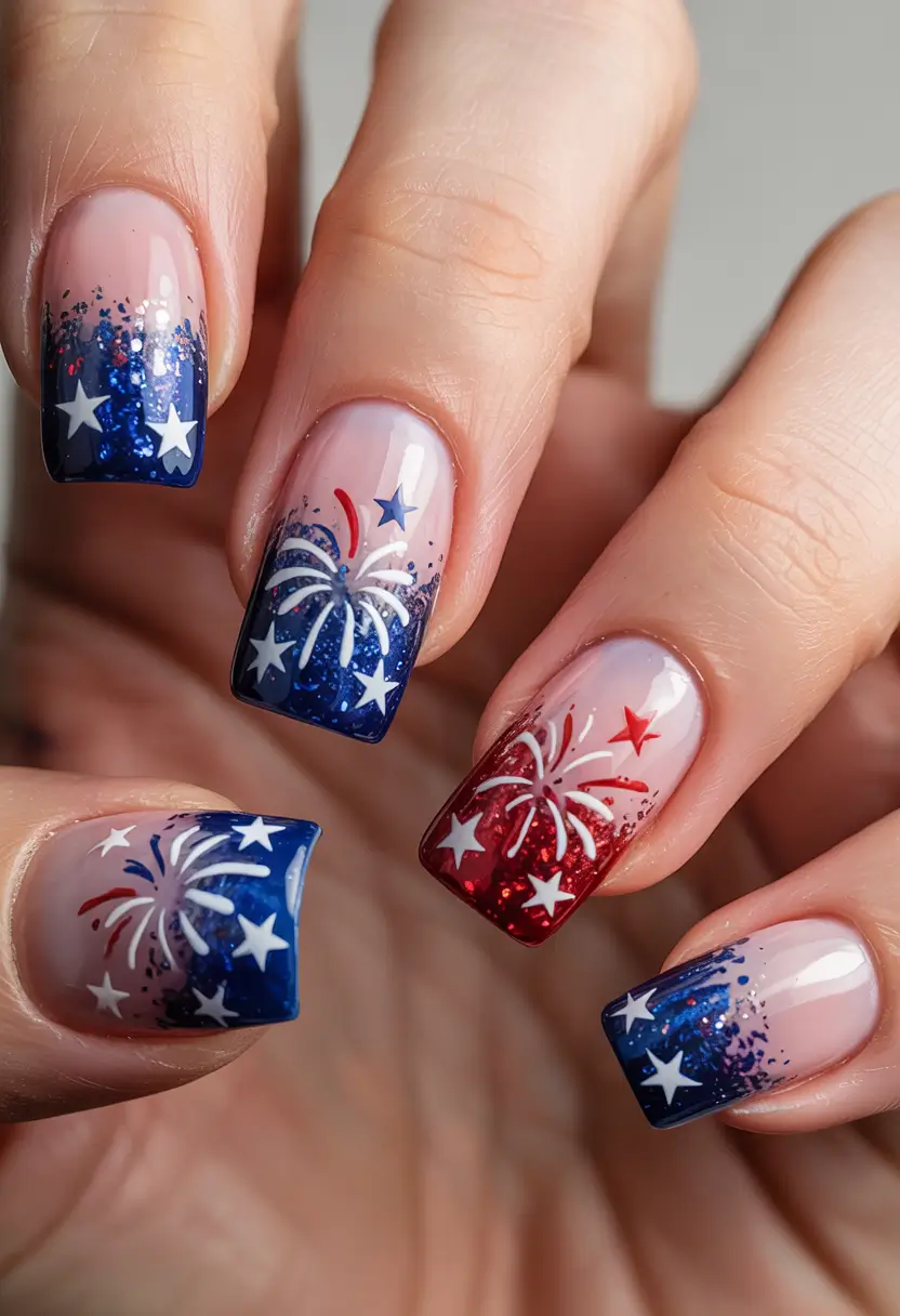 Red, White & Blue Nails for 4th of july 2025 Sparkle and Stars on a Midnight Sky