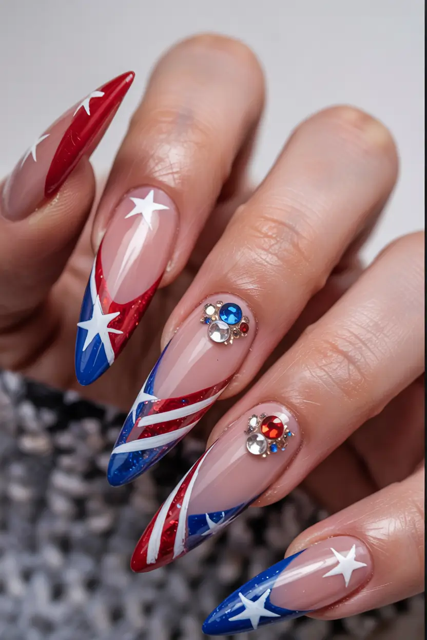Red, White & Blue Nails for 4th of july 2025 Stiletto Glam with a Firecracker Edge
