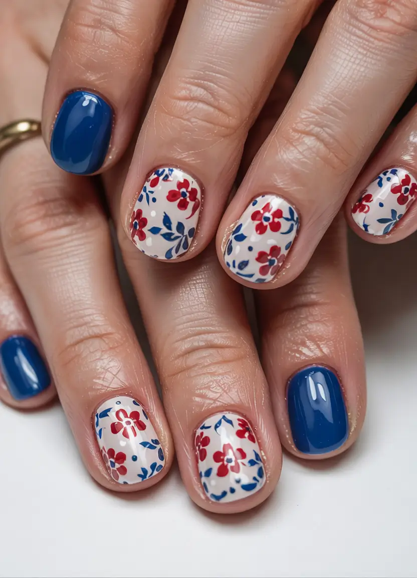 Red, White & Blue Nails for 4th of july 2025 Vintage Americana Floral