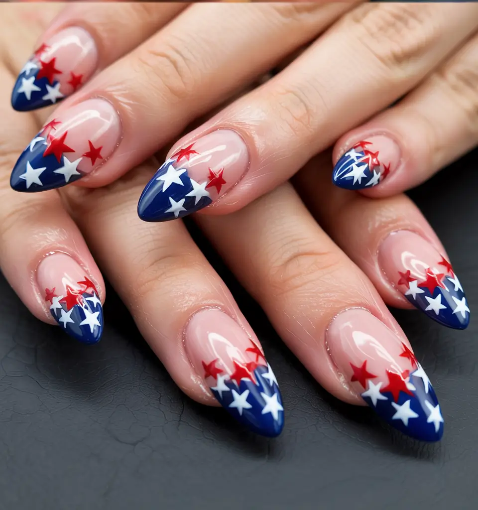 Red, White & Blue Nails for 4th of july 2025 Starfall Chrome Tips