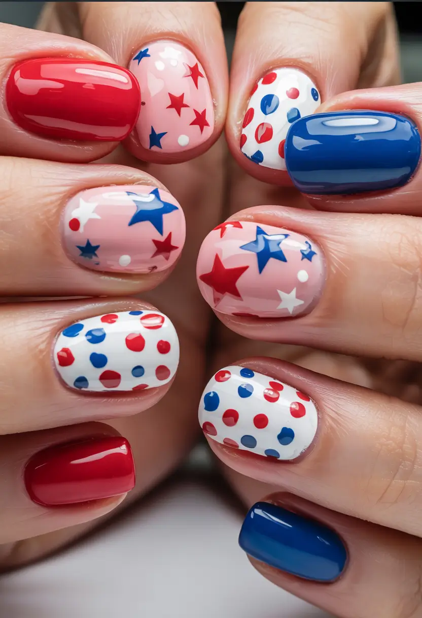 Red, White & Blue Nails for 4th of july 2025 Retro Pop Dots and Stars
