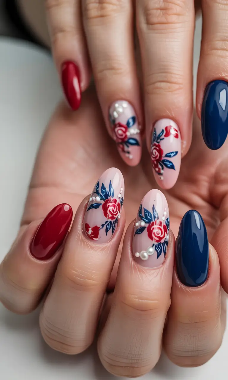 Red, White & Blue Nails for 4th of july 2025 - Vintage Americana Florals