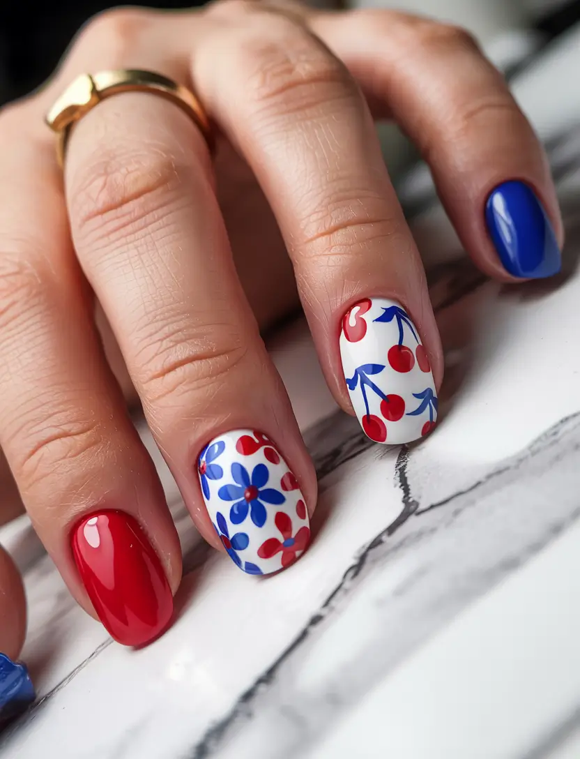 Red, White & Blue Nails for 4th of july 2025 Fruit and Floral Americana
