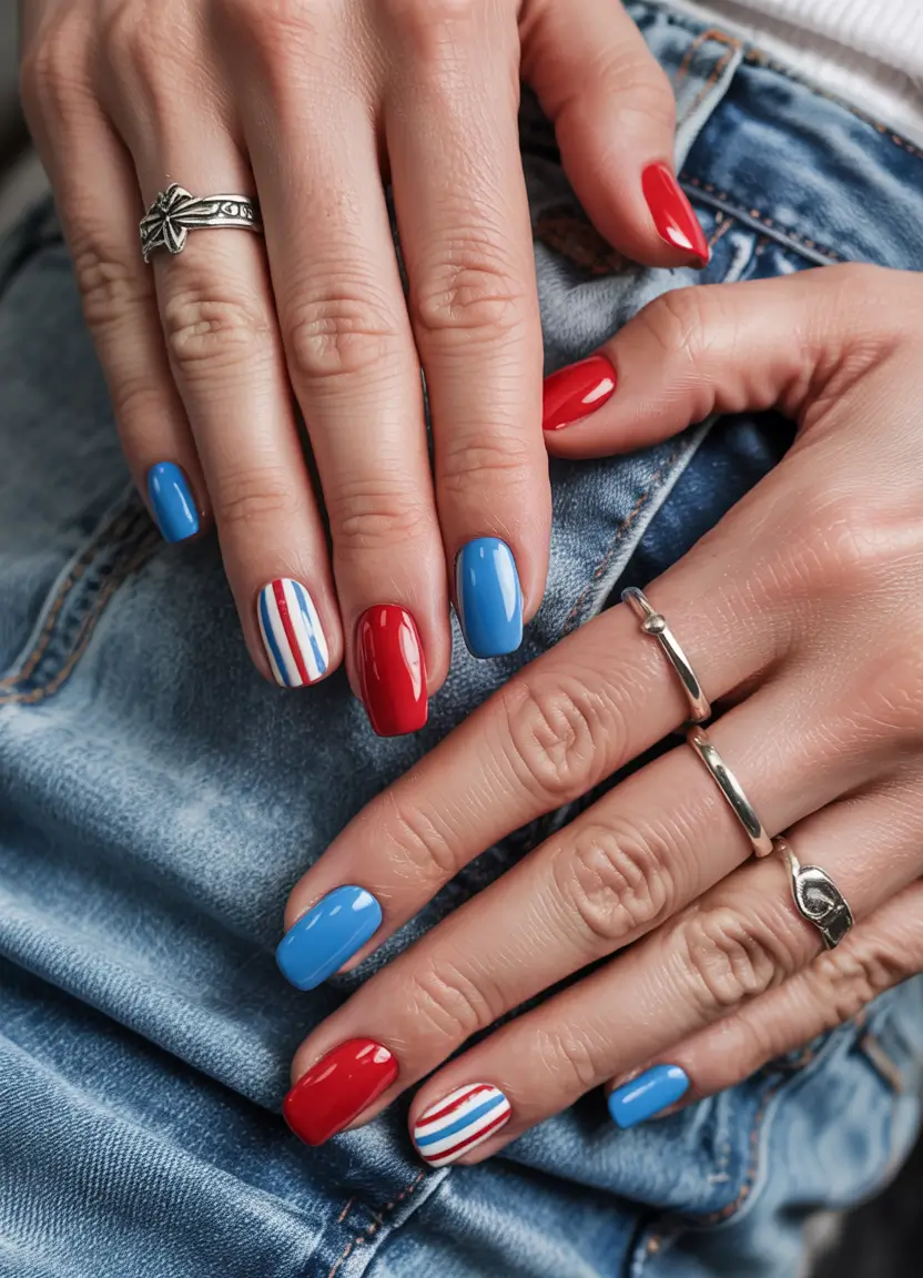 Red, White & Blue Nails for 4th of july 2025 - Playful Denim & Stripe Pop
