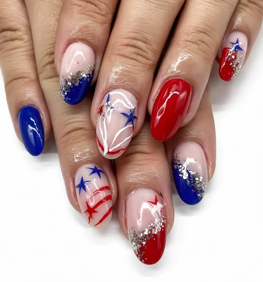 Red, White & Blue Nails for 4th of july 2025 - Starburst Glitter Fireworks