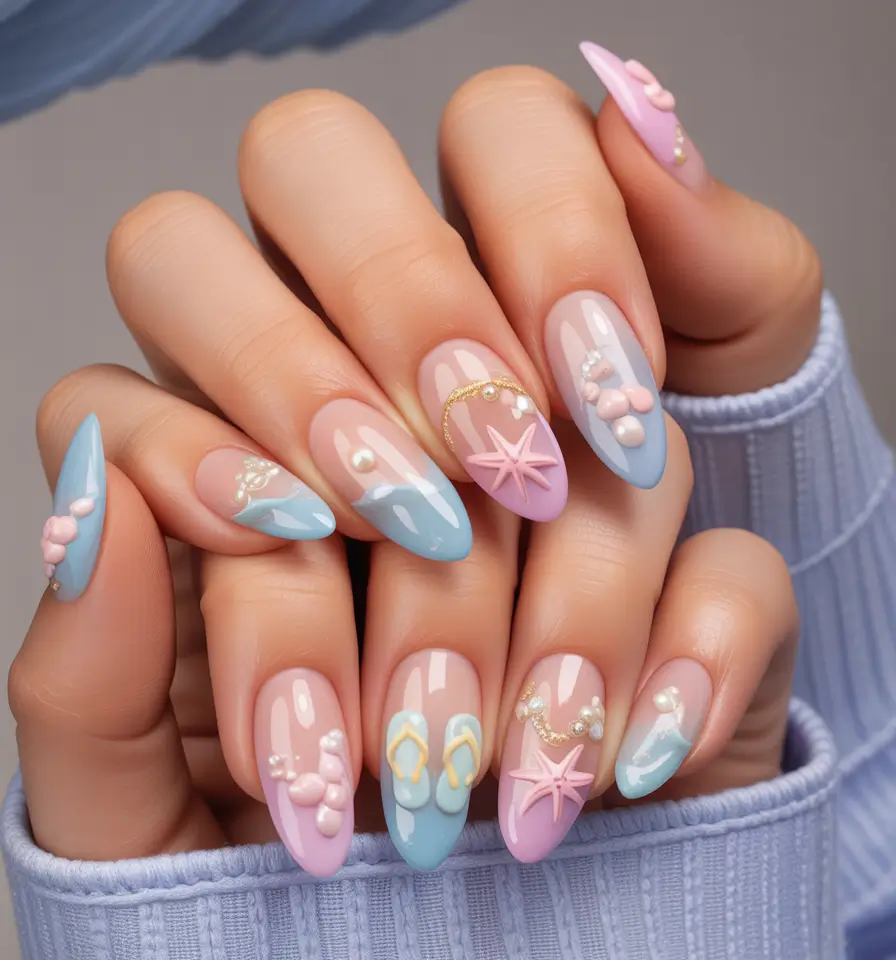 round nail inspo for summer 2025 Ocean Breeze & Beachside Pearls