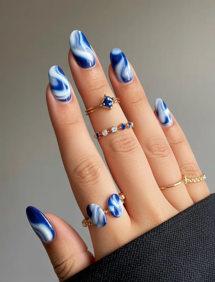 round nail inspo for summer 2025 Ocean Marble Couture