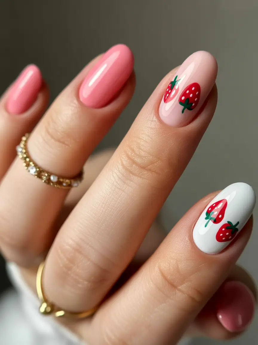 round nail inspo for summer 2025+Strawberry Kissed Tips