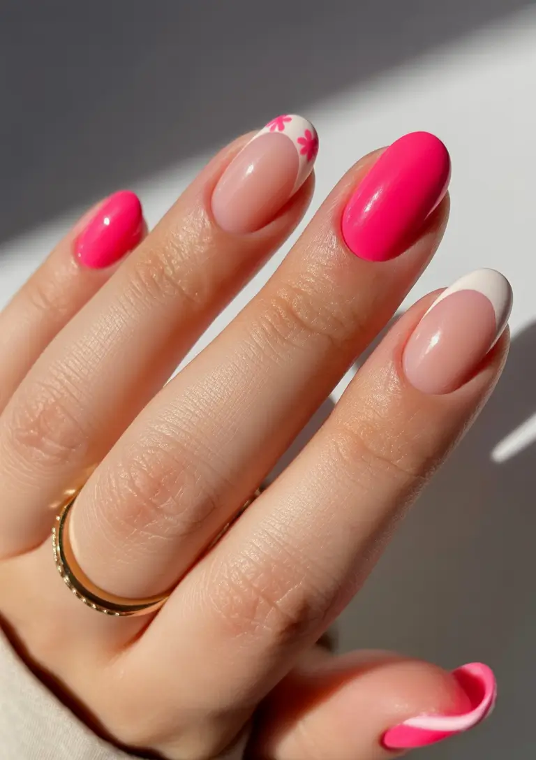 round nail inspo for summer 2025 Floral Pop Meets Clean French