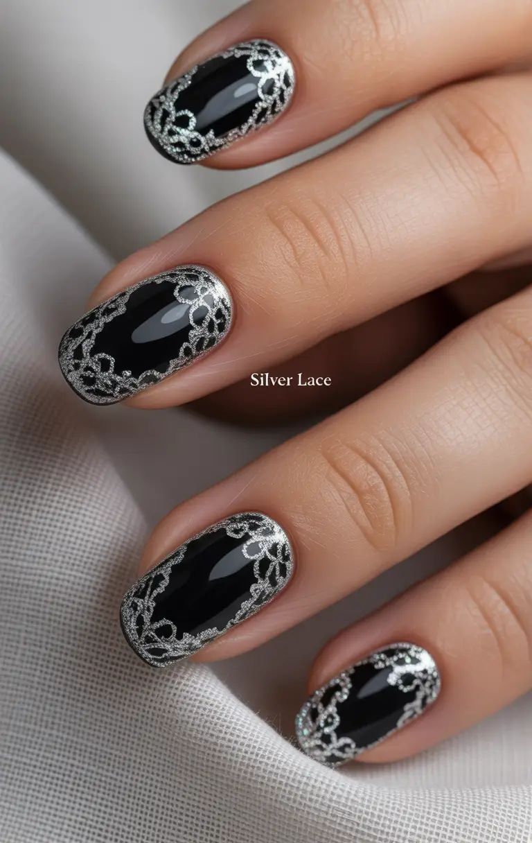 round nail inspo for summer 2025 Glamour Noir with Silver Lace