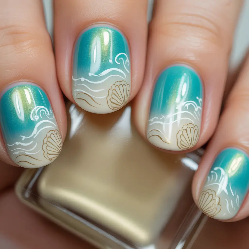 round nail inspo for summer 2025 Shell Tides & Aqua Lines