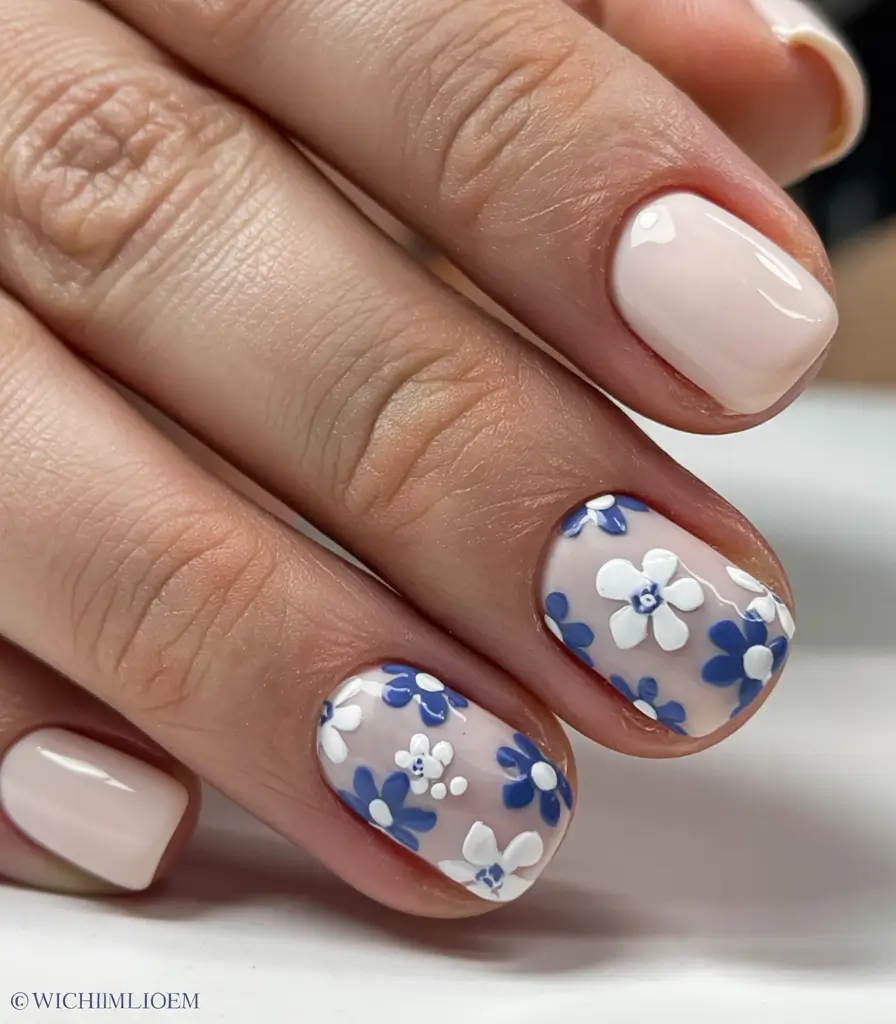short nail inspo for summer 2025 Dainty Blues & Tiny Florals
