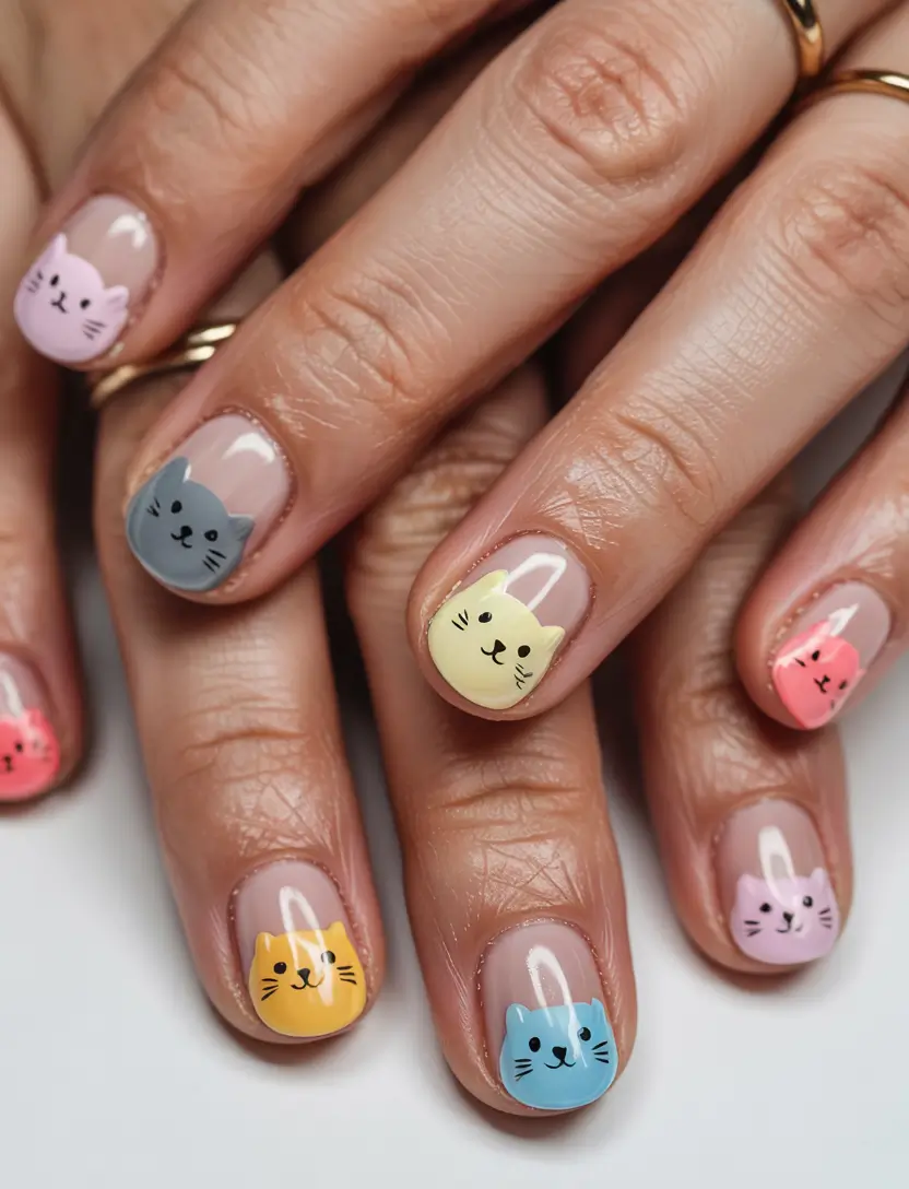 short nail inspo for summer 2025 Colorful Kitty Parade