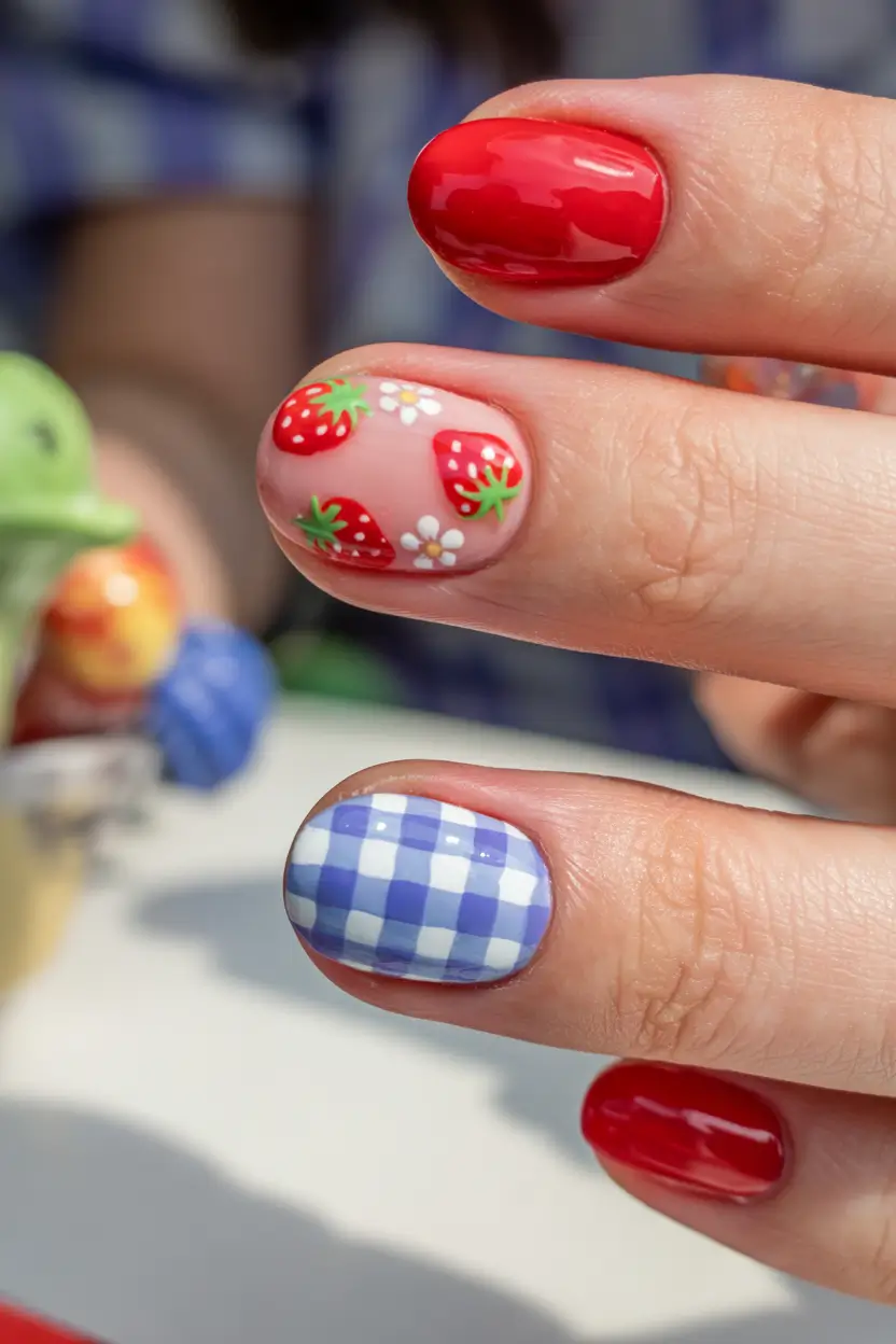 Simple & Cute 4th of July Nails 2025 Berry Picnic Charm with Gingham Twist