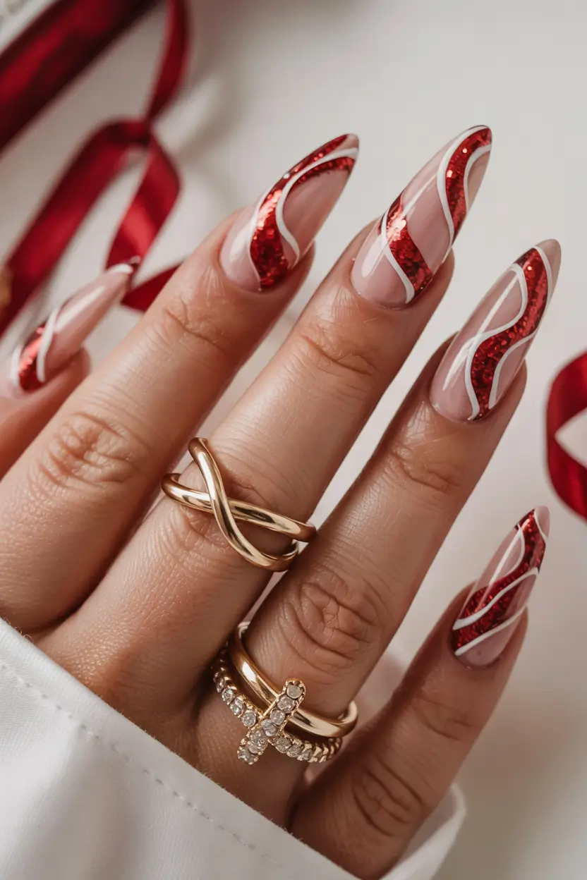 Simple & Cute 4th of July Nails 2025 Red Ribbon Waves with Glossy Glam