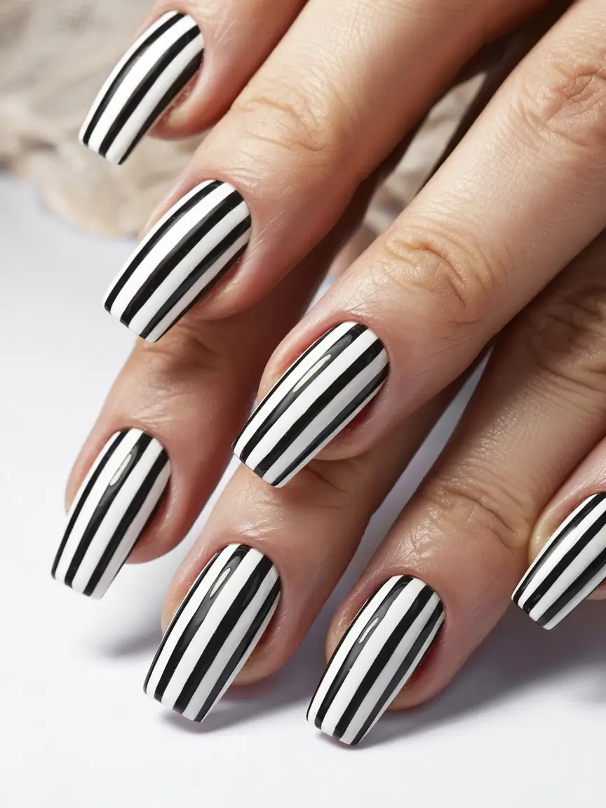 Simple & Cute 4th of July Nails 2025 Monochrome Chic with a Stripe Statement