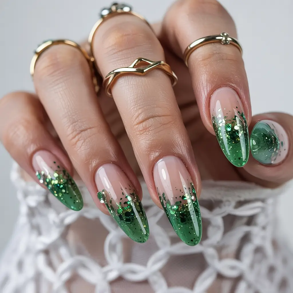Simple & Cute 4th of July Nails 2025 Emerald Fireworks with Forest Glitter Fade