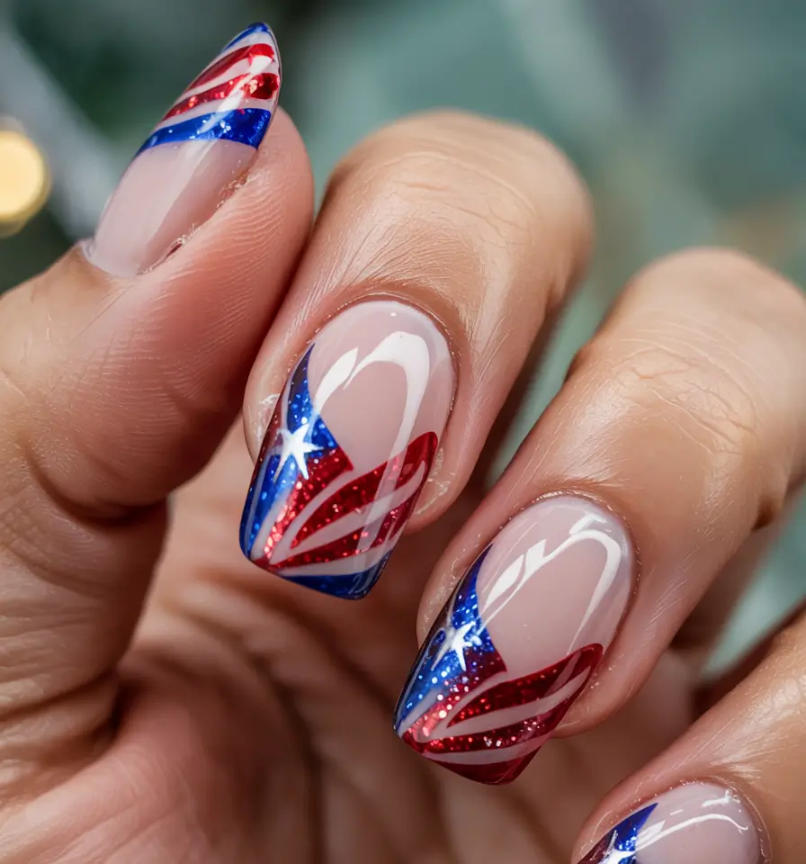 Simple & Cute 4th of July Nails 2025 Shooting Star Fireworks with Glittered Tips