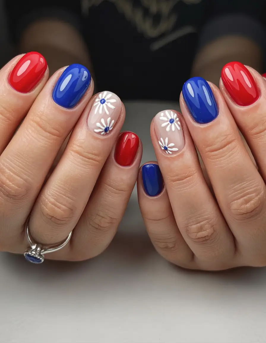 Simple & Cute 4th of July Nails 2025 Daisy Days with Patriotic Pop