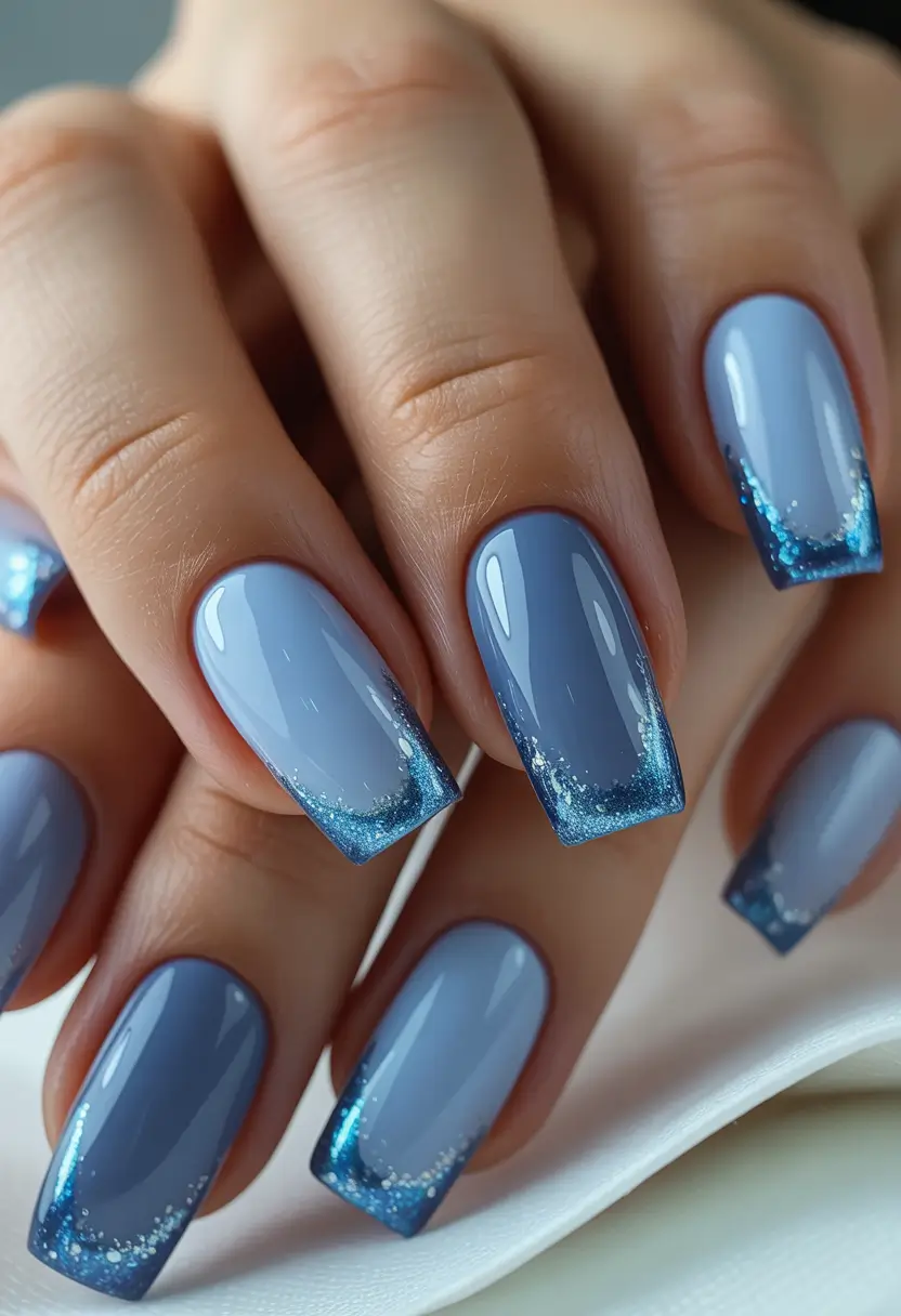Simple & Cute 4th of July Nails 2025 Ice Blue Square Tips with Glitter Fade