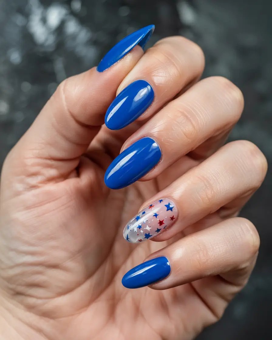 Simple & Cute 4th of July Nails 2025 Classic Blue with Starburst Accent
