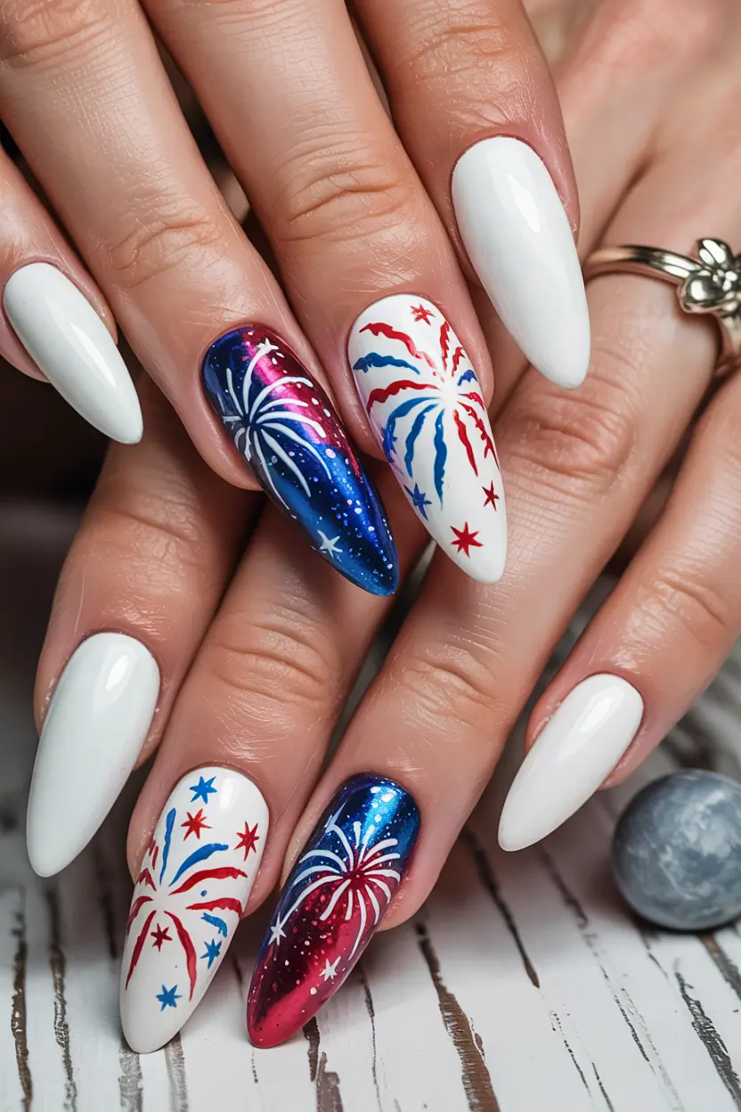 Simple & Cute 4th of July Nails 2025 Firework Finale Red, White & Blue