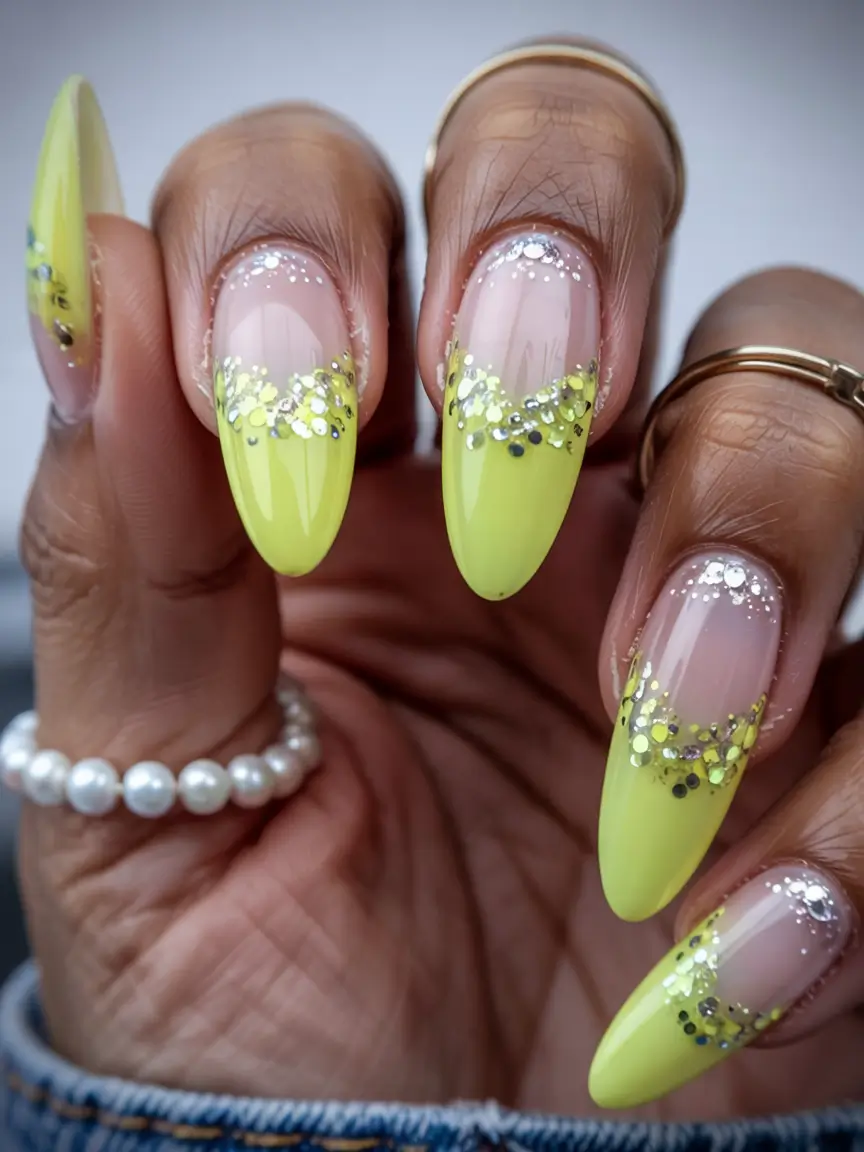Simple & Cute 4th of July Nails 2025 Lemon-Lime Summer Sparkle