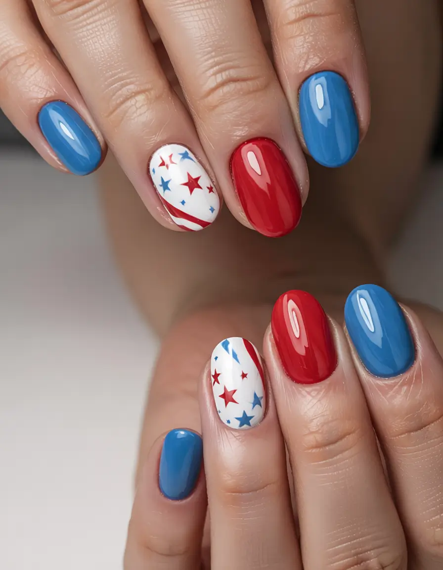simple fourth of july nails ideas 2025 Glossy Patriotic Pop