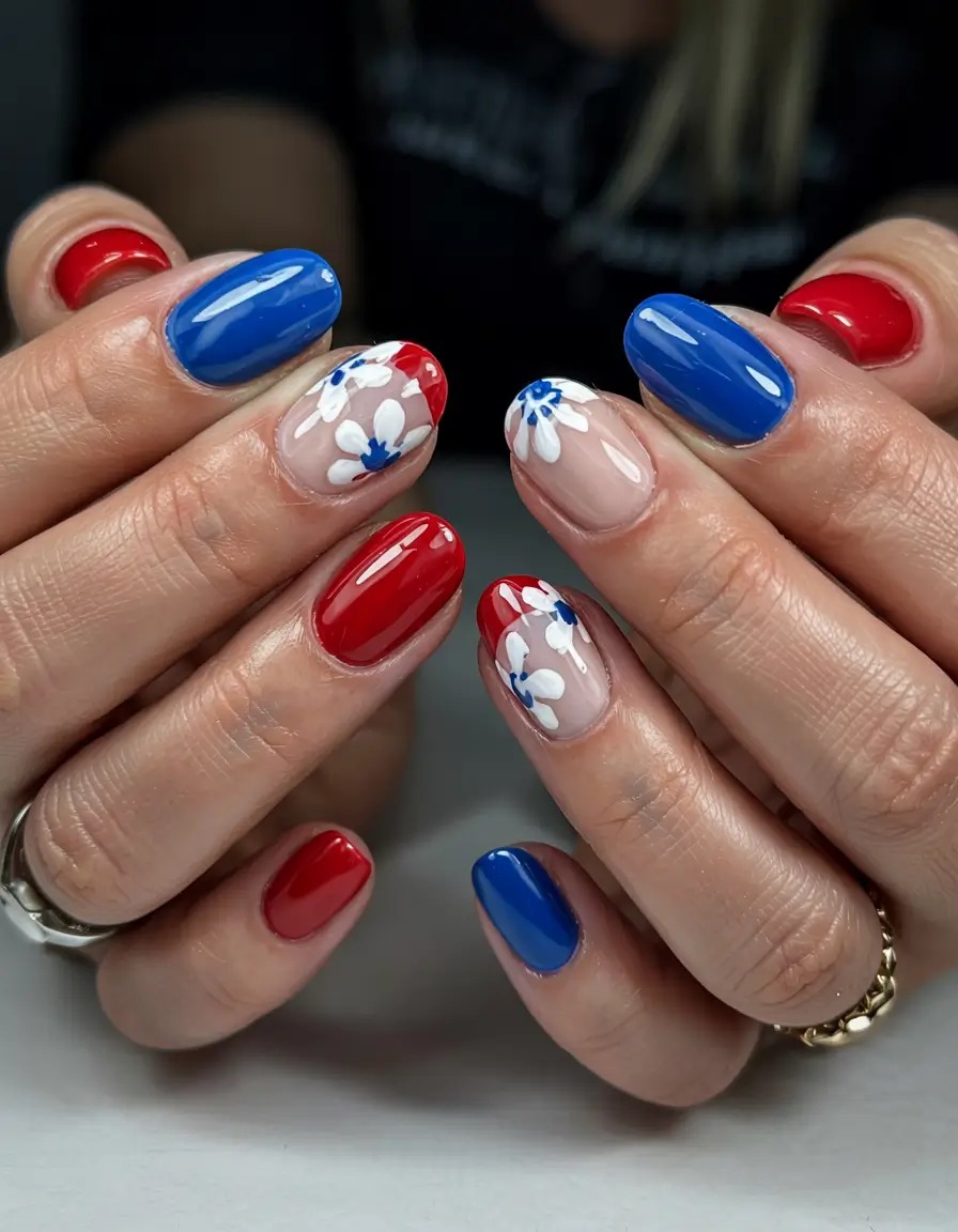 simple fourth of july nails ideas 2025 Red, White & Bloom