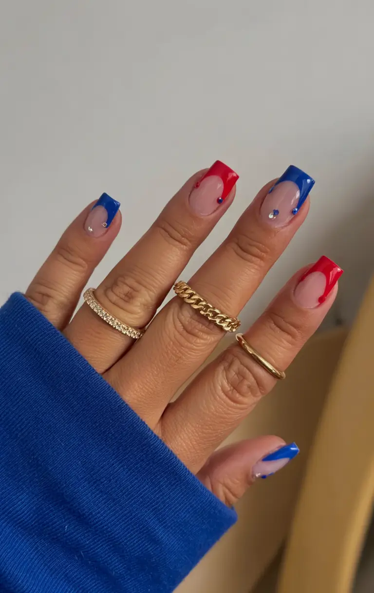 simple fourth of july nails ideas 2025 Glossy Minimalist French in Patriotic Tones