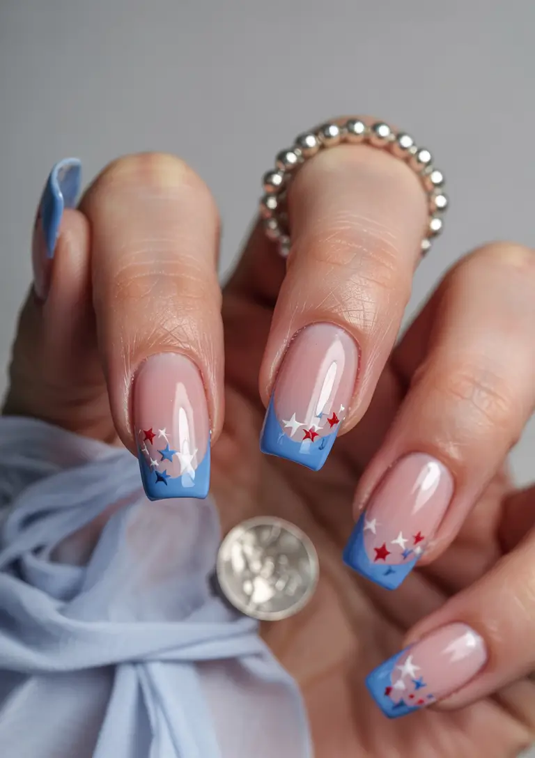 simple fourth of july nails ideas 2025 French Tips with a Starry Glow