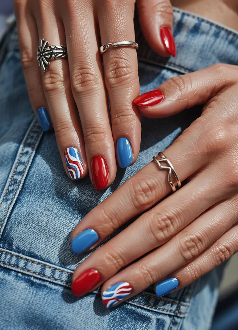 simple fourth of july nails ideas 2025 Wave Stripes and Blue Skies