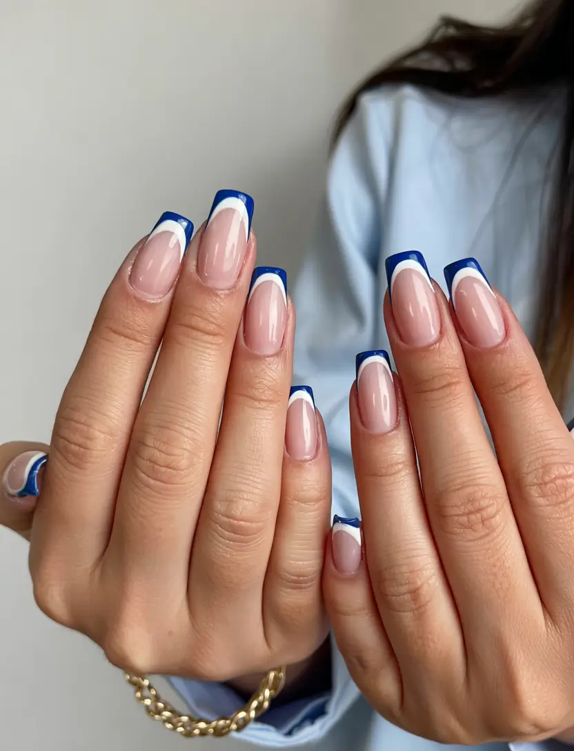 Simple Nails for a Chill 2025 Summer Graphic French in Bold Blue