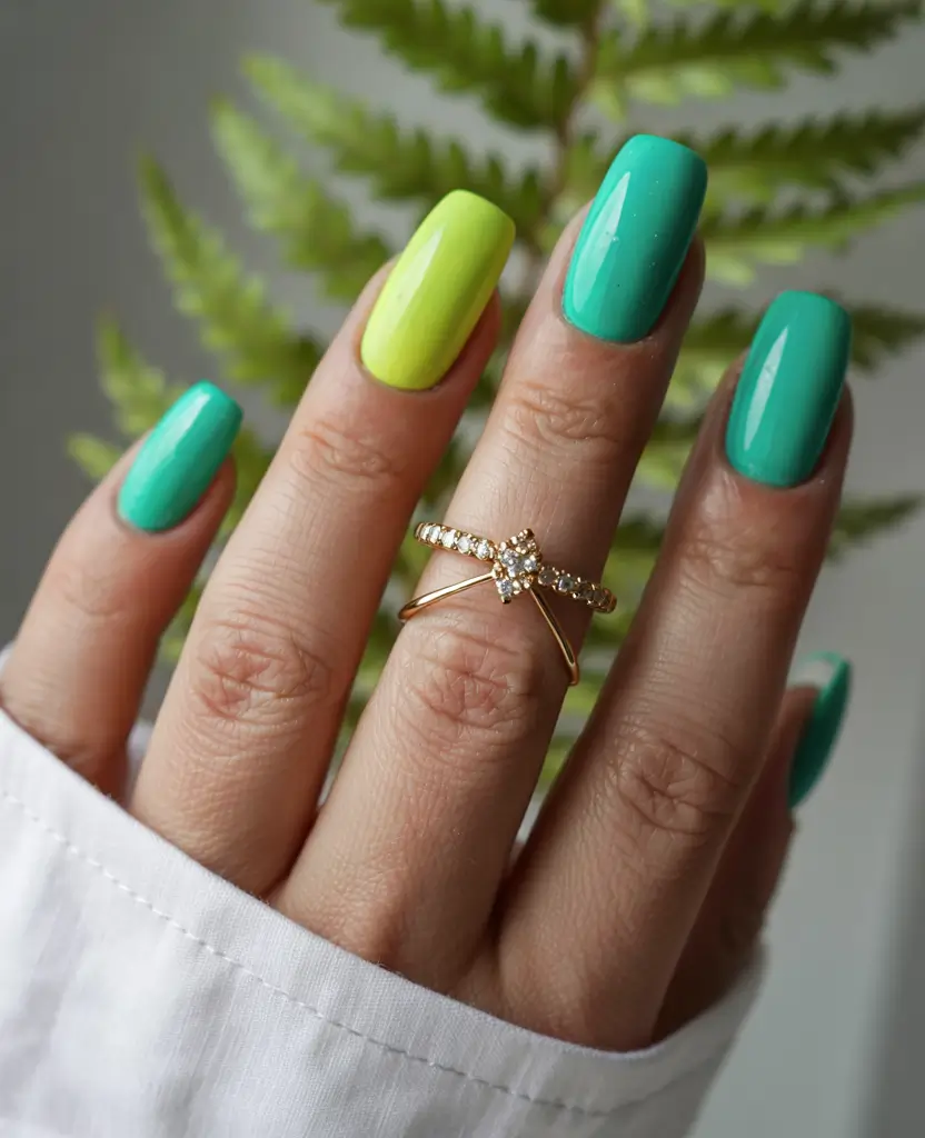 Simple Nails for a Chill 2025 Summer - Electric Green Meets Caribbean Cool
