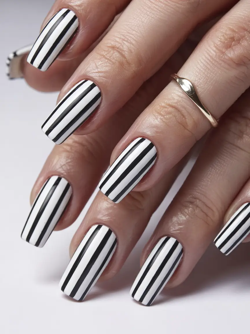 Simple Nails for a Chill 2025 Summer - Monochrome Runway Stripes